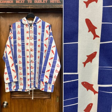 Vintage 1980’s “Michigan Rag” Nautical Sailboat x Fish Design Beach Jacket, 80’s Vintage Clothing 