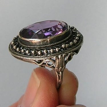 Large Vintage Mid Century Sterling Silver Purple Glass Ring, Vintage Filigree Glass Ring, Size 6.75, Sterling Cocktail Ring (#4577) 