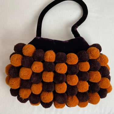 Charming little pom pom handbag~ wristlet purse~ puffy cotton balls with velvet strap~ sensory textured soft polkadots 
