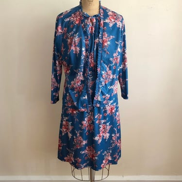 Blue and Orange Floral Print Dress with Matching Jacket - 1970s 