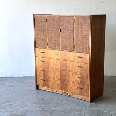 Jack Cartwright for Founders Mid Century Pecan wood Cane High Boy Dresser 