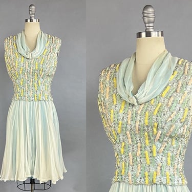 1960s Pat Sandler Dress / Blue Silk Chiffon Party Dress / Rhinestone Beaded Cocktail Dress / vintage Designer Dress / Size Small 