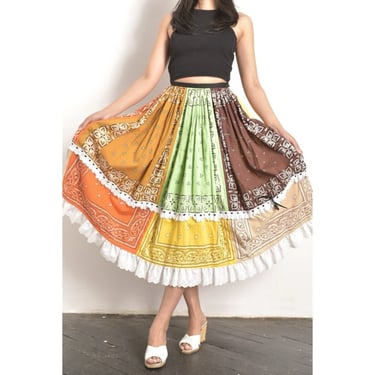 Vintage 1970s Skirt / 70s Bandana Print Cotton Peasant Skirt / Green Orange ( XS S ) 
