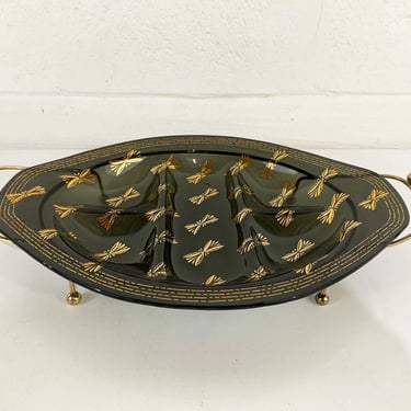 Vintage Divided Serving Tray Cheese Cracker Plate Smoky Black Gold Glass Metal Stand Holiday Party Charcuterie Platter MCM 1960s 