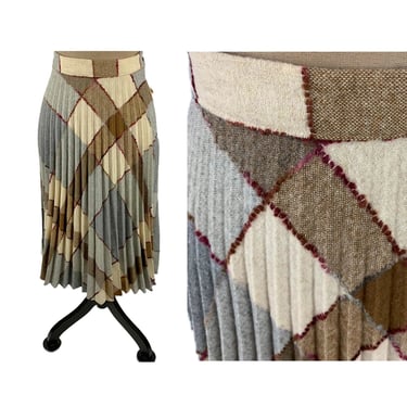 70s Plaid Midi Skirt Medium, High Waist Pleated Wool Blend, Cream Gray Brown, Fall Preppy Academia, 1970s Clothes Women Vintage Deadstock 