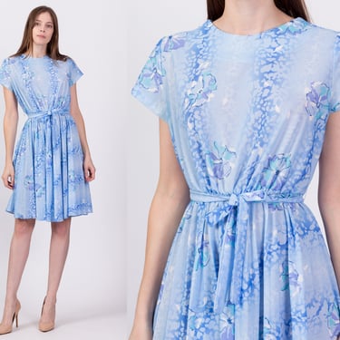 70s Blue Floral Mini Dress - Medium | Vintage Sheer Boho Flowy Fit & Flare Party Dress 