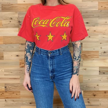 Vintage Coca Cola Paint Spatter Faded and Worn Tee Shirt 