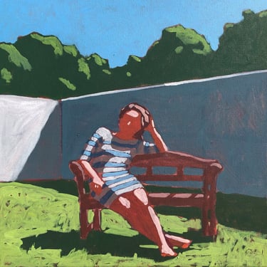 Woman on Bench - Original Acrylic Painting on Canvas 14 x 14, summer, michael van, gallery wall, figurative, landscape, square 