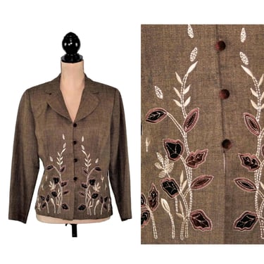 Brown Embroidered Blazer Large, Leaf Applique Embellished Jacket, Herringbone Autumn Fall Clothes Women Vintage DRESSBARN Size 12 