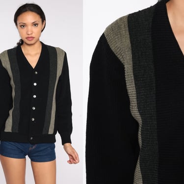 60s Wool Cardigan Black Grey Striped Sweater Preppy Button Up Sweater Boho Retro Neutral Basic Knit Vintage 1960s Mens Extra Small xs 