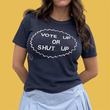 Vintage Voting Tee Retro 1970s Vote Up or Shut Up + The Mean Machine + Election + Political + No Size Tag + Dark Navy Blue + Cotton + Unisex 