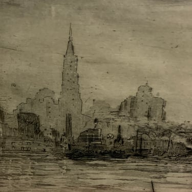 Leon Dolice East River NY etching 