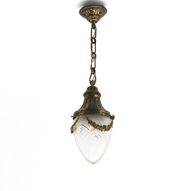 Antique French Hanging Lamp In Gilded Brass And Frosted Etched Glass Art Nouveau Teardrop Shape Ceiling lamp ,1900-1910 