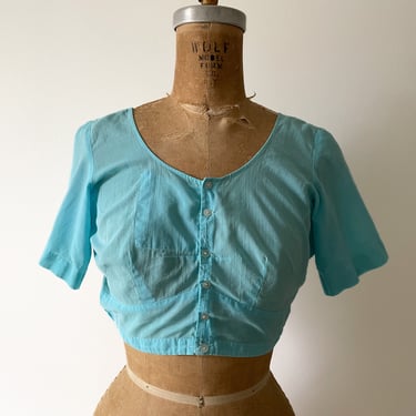 Soft cotton cropped blouse, aquamarine blue button front crop top, XS/S 