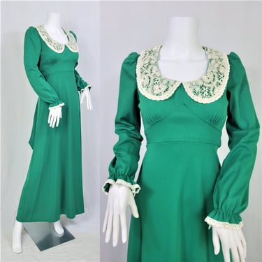 1970's Kelly Green Lace Trimmed Long Tie Back Maxi Dress I Sz Med 
