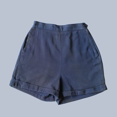 1950s Shorts / Blue Cotton Twill 50s Cuffed Shorts / Pocket! / Side Zip / Perfectly Worn 