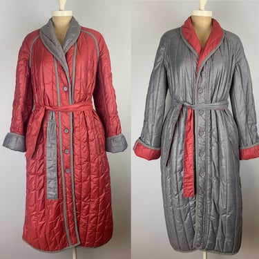 Vintage 70s Quilted Shawl Collar Reversible Coat Raspberry and Gray Size Large 