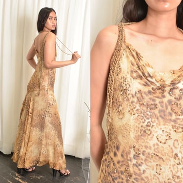 Vintage 1990s Dress / 90s Diane Freis Beaded Silk Gown / Animal Print (XS S M ) 