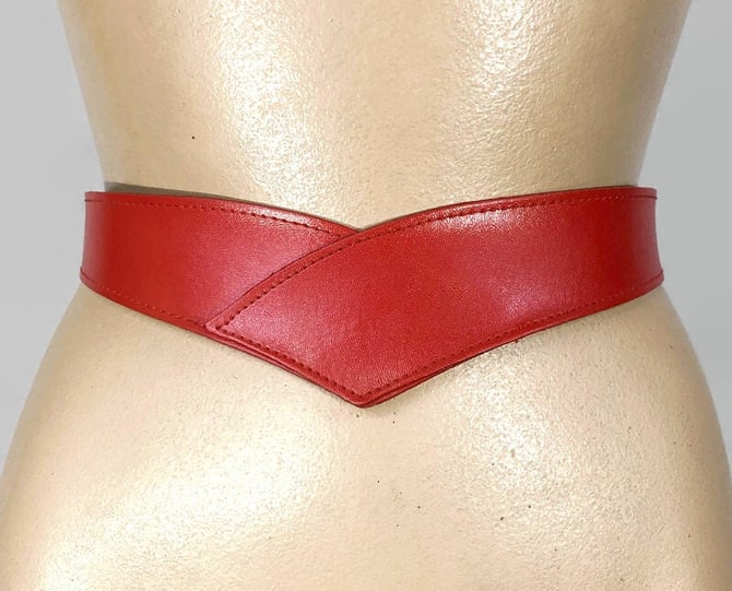 VINTAGE 80s Red V Front Leather Belt | 1980s Red Modernist Statement Belt 24"- 49" Waist VFG 