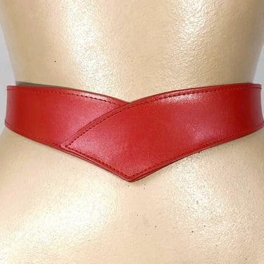 VINTAGE 80s Red V Front Leather Belt | 1980s Red Modernist Statement Belt 24"- 49" Waist VFG 