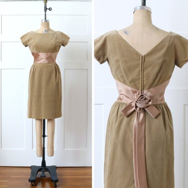 vintage early 1960s cafe latte dress • tailored velveteen & satin bow wiggle dress 