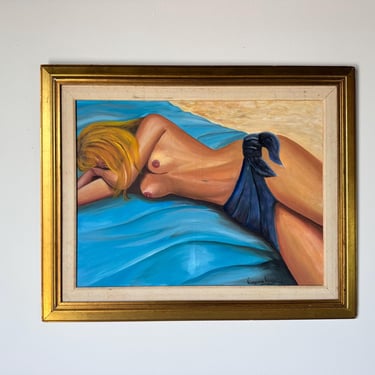 1998 Vintage Reclining Nude Woman Oil on Canvas Painting by Virginia Ausa 