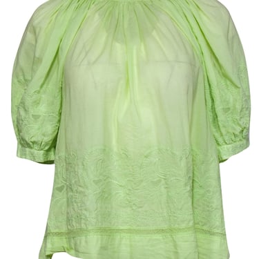 Ulla Johnson - Lime Green Embroidered Puff Sleeve Blouse w/ Mesh Trim Sz 6