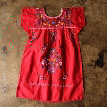 Embroidered Red DRESS / Vintage Mexican Dress with Colorful Flowers / Women's Large 