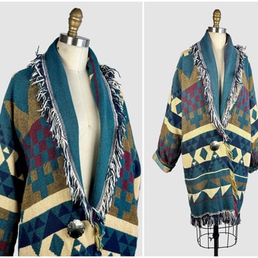 BRONCO BILLYS Vintage 80s Fringed Blanket Oversized Coat | 1980s Native American Style Tapestry | 90s 1990s Southwestern Jacket | One Size 