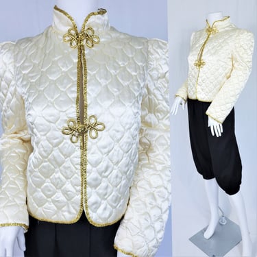 1970's Quilted Ivory Satin Jacket I Mandarin Collar I Puff Sleeve I Sz Med 