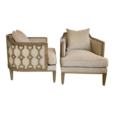 Caracole Couture Modern Geometric Taupe and Bronze Club Chairs Pair