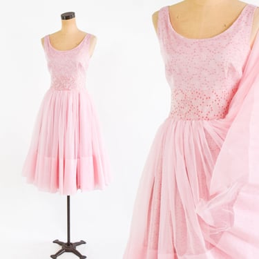 1950s Pink Chiffon Party Dress | 50s Pink Floral Print Dress | New Look Dress | Small 