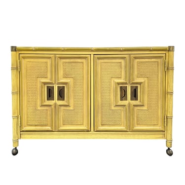 Faux Bamboo Server by Stanley 44W 30H - Vintage Yellow & Brass Chinoiserie Hollywood Regency Cane Rolling Sideboard Serving Bar Cart Cabinet 