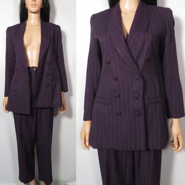 Vintage 80s/90s Eggplant Purple Pinstriped Double Breasted Pant Suit Made In USA Size Small 6P 