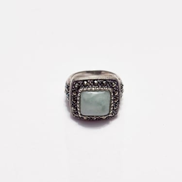 925 Sterling Silver Art Nouveau Ring - Green Jade Cabochon & Natural Marcasite Statement Ring For Women 4 thumbnail image