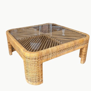 Vintage Rattan and Bamboo Coffee Table with Glass Top and Chevron Pattern