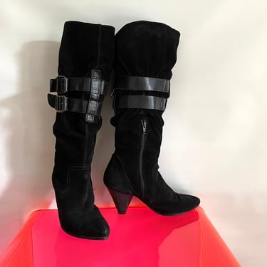 Black Suede Leather Rocker Boots | Badass Belted Straps Cone Heels | Y2K does 80s Punk New Wave Debbie Harry Blondie | Capazza | Size 7-1/2 