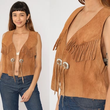 90s Suede Fringe Vest Top Southwest Boho Brown Leather Vest Hippie Festival Southwestern Concho Western 1990s Bohemian Vintage Medium Large 