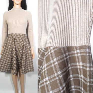 Vintage 70s Fall Tone Ribbed Knit Top With Polyester Skirt Dress Size XS 