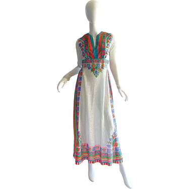 70s Psychedelic Metallic Dashiki Dress / Vintage Elegant Miss California Pastel Dress  / 70s Party Bohemian Gown Small 