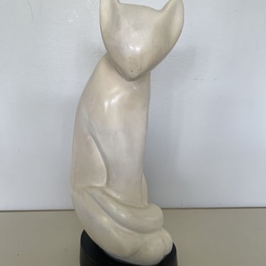 MCM White Cat Sculpture Signed Lo Li Ching, simplistic white sculpture, cat lover gifts, modern cat sculpture, mid century modern statue 