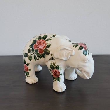 Antique Chinoiserie Ironstone Rose Floral Transferware Elephant Statue 