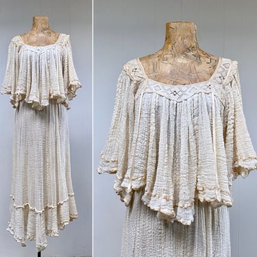Vintage Authentic Boho Gauze Peasant Blouse and Maxi Skirt, 70s Custom Daisy Jones Style Butterfly Sleeve Gypsy Set, One Size, VFG 