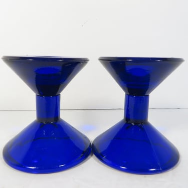 Vintage Cobalt Blue Glass Candle Holders - Two Blue Glass Candlestick Holders 