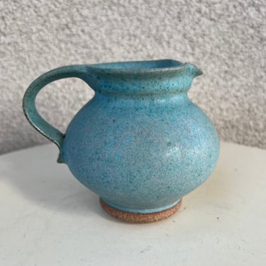 Vintage stoneware pottery small pitchers light teal blue signed Blumenfeld 