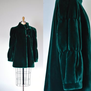 80s sassoon emerald green borgazia faxu fur coat, green coat, velvet coat, vintage womens coat 