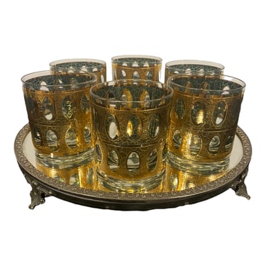 Mid-Century Culver Pisa Set of Six Old Fashion Glasses with 22k Gold Foil Accent 