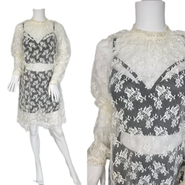 1960's Ivory Lace See Through Shift Dress I Sz Med I Mia Farrow Vibes 