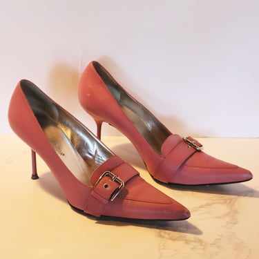 Vintage Dolce and Gabbana Pink Leather Pointy Toe Buckle Stiletto with Silver Hardware sz 38.5 8 8.5 Y2K D&G 