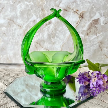 Vintage Art Glass Hand Blown Basket, Candy Dish, Mid Century Abstract Form Artistic, Green White 